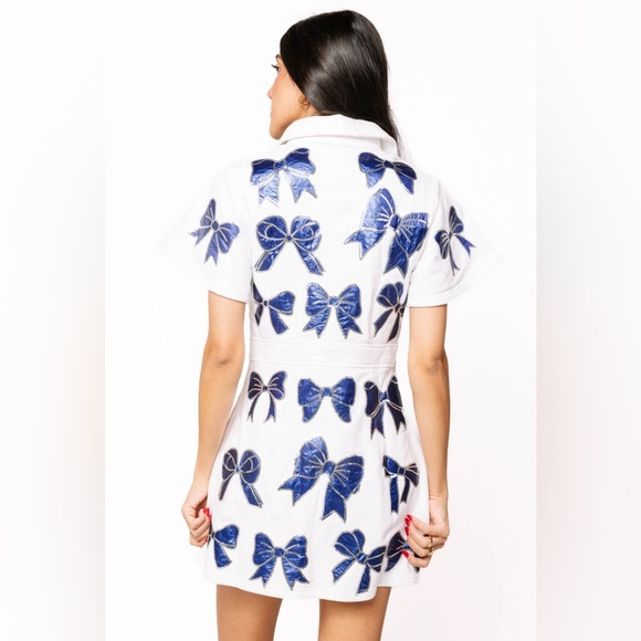 New! QUEEN OF SPARKLES White Dress with Sequin Metallic Blue Bow Accents - Picture 2 of 10